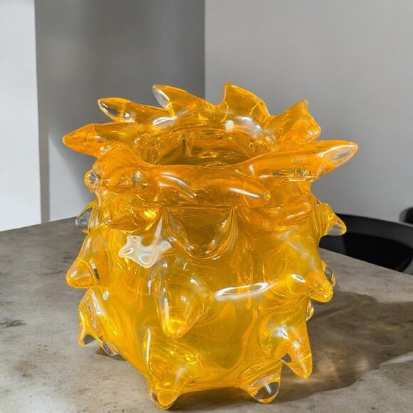 Brutalist Lazy Susan Amber Art Glass Thorn Vase Heavy Glass Vase Vessel Decor - Picture 2 of 16